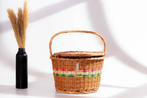 Color-Banded Handwoven Willow Wicker Basket with Handle – Vibrant & Versatile